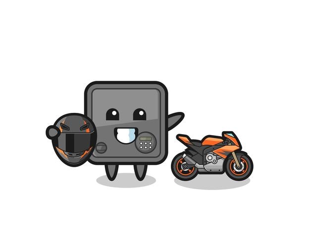 Cute safe box cartoon as a motorcycle racer