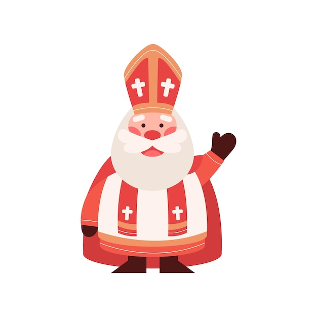 Vector cute saint nicholas or sinterklaas waving by hand. happy st nicholas day. old man bishop character.