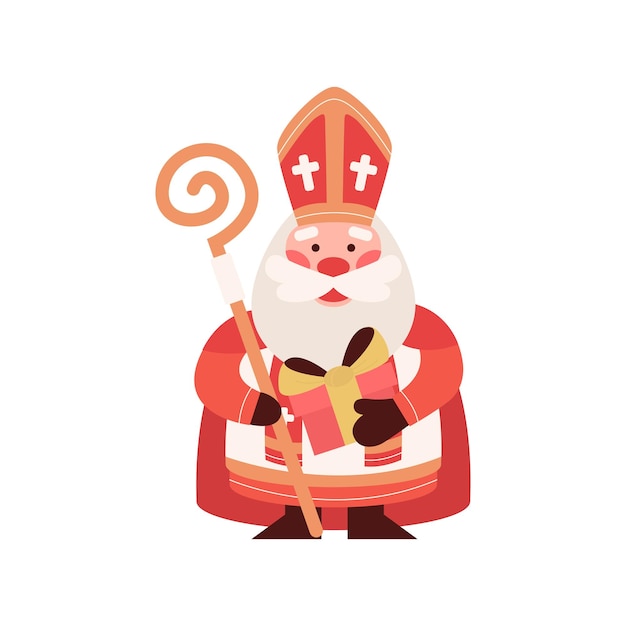 Vector cute saint nicholas or sinterklaas with gift box and staff. happy st nicholas day. old man