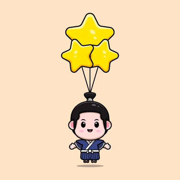 Cute samurai boy floating with star balloon mascot illustration