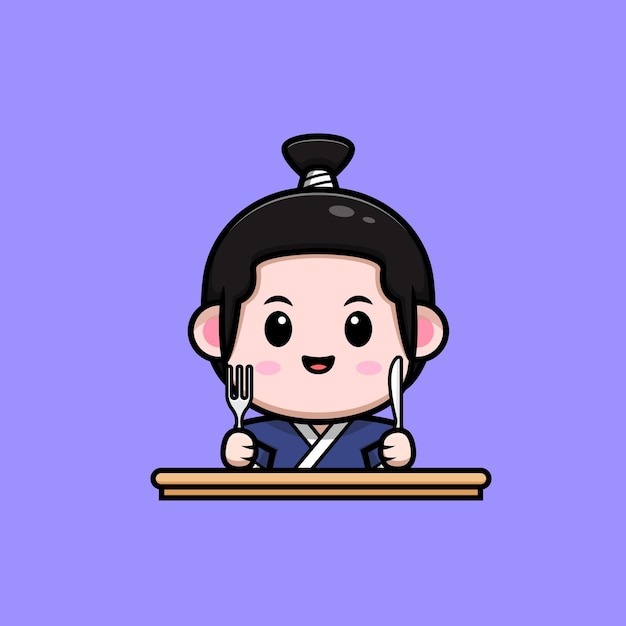 Cute samurai boy ready to eat mascot illustration