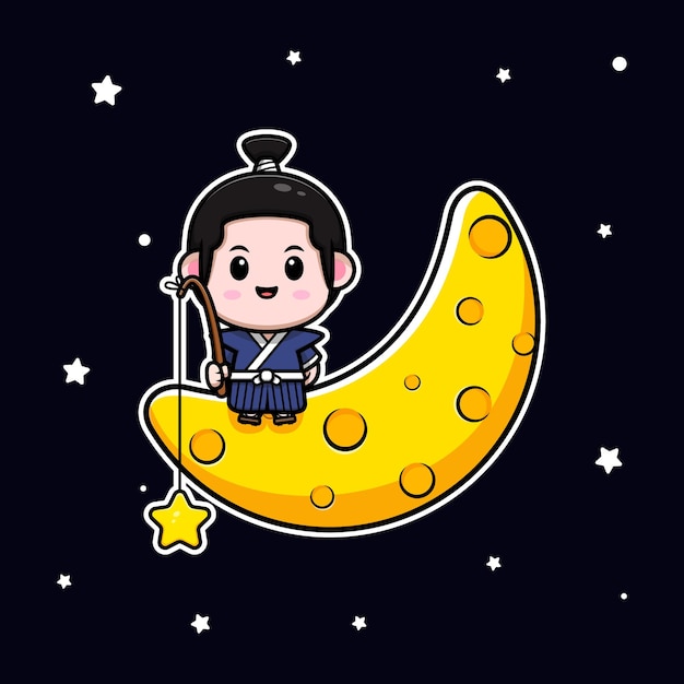 Cute samurai boy sitting on moon and catching star mascot illustration