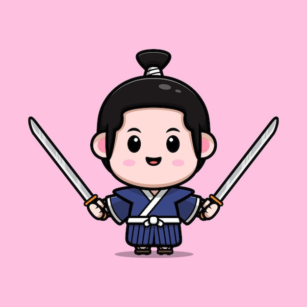 Cute samurai boy with sword mascot illustration