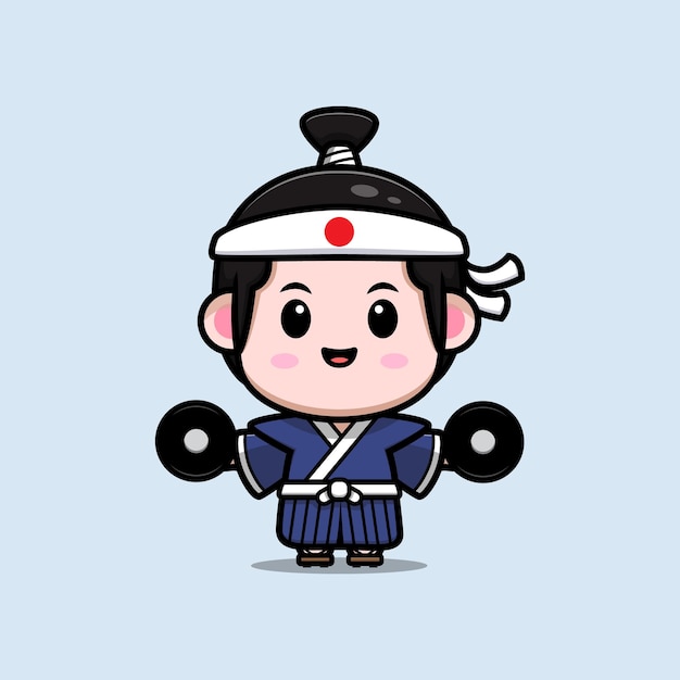 Cute samurai boy workout mascot illustration