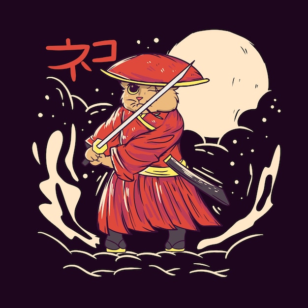 Vettore illustrazione sveglia del gatto del samurai