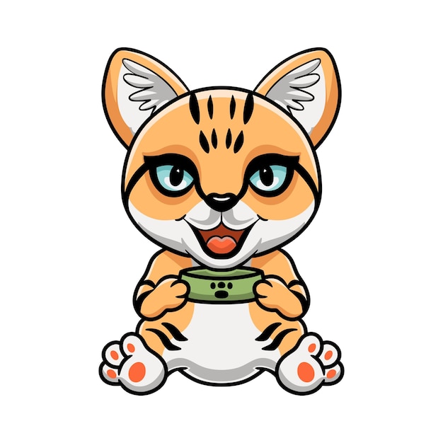 Cute sand cat cartoon holding food bowl