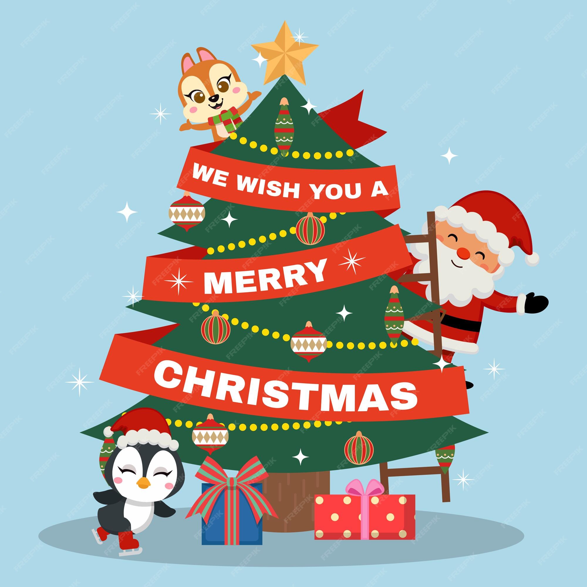 Premium Vector | Cute santa and animal friends decorating a christmas tree