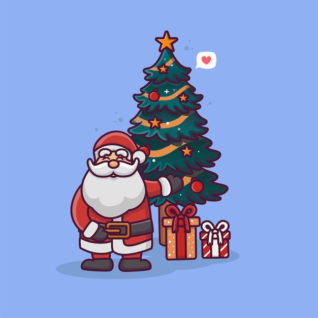 Cute santa and christmas tree cartoon