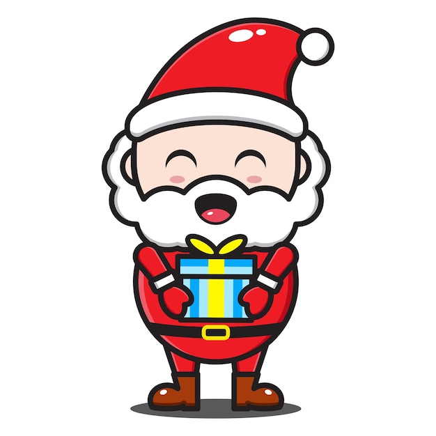 Cute santa claus cartoon illustration holding a gift