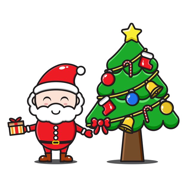 Cute santa claus cartoon illustration with christmas tree