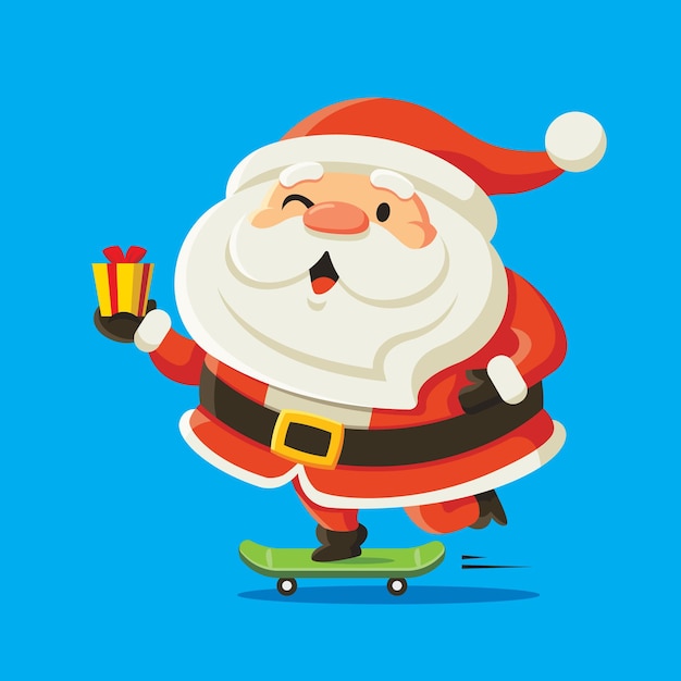 Cute santa claus character deliver christmas present by skateboard