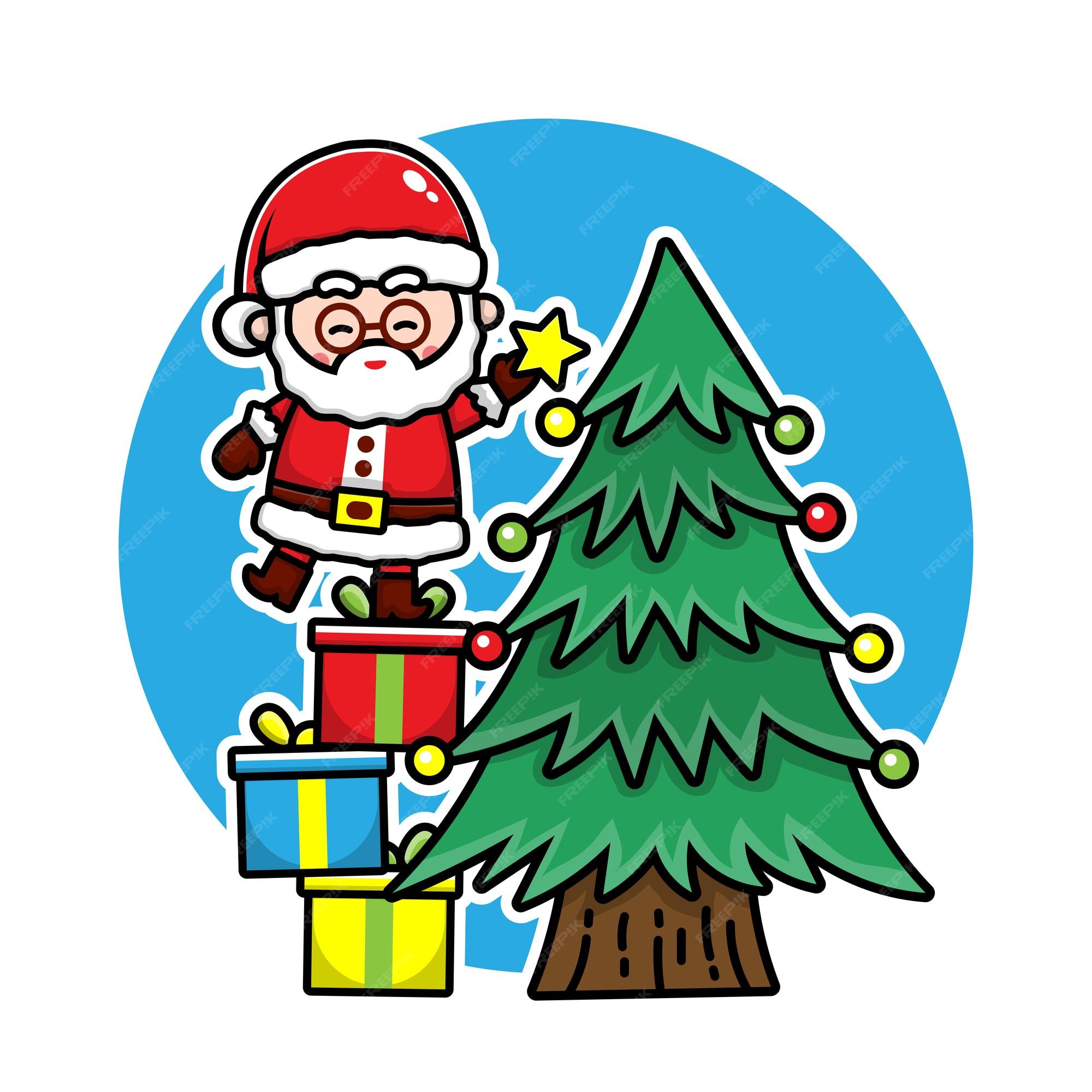 Premium Vector | Cute santa claus decorate christmas tree cartoon character christmas concept illustration Premium Vector | Cute santa claus decorate christmas tree cartoon character christmas concept illustration