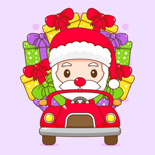 Simpatico babbo natale alla guida di un'auto con confezione regalo personaggio dei cartoni animati chibi