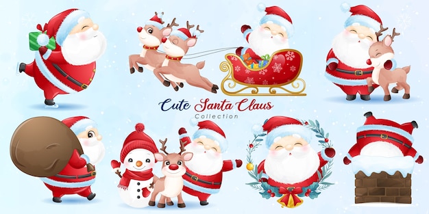 Cute  santa claus and friends for christmas day with watercolor illustration