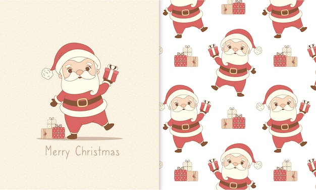 Cute santa claus and gift present doodle seamless pattern christmas card and wallpaper