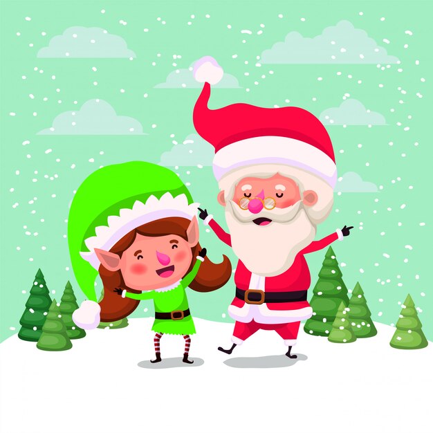 Cute santa claus and girl helper in the snowscape