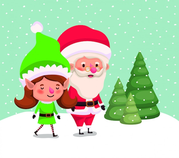 Cute santa claus and girl helper in the snowscape