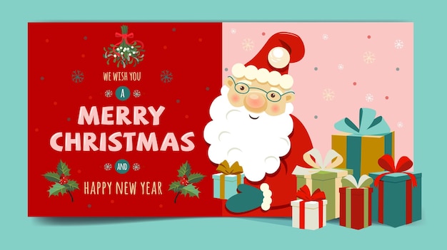 Cute Santa Claus gives gifts Merry Christmas and Happy New Year Christmas cards vector illustration