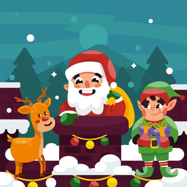 Cute Santa Claus and the Helpers in Christmas Night