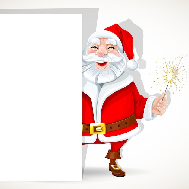 Vector cute santa claus hold big banner and sparkler