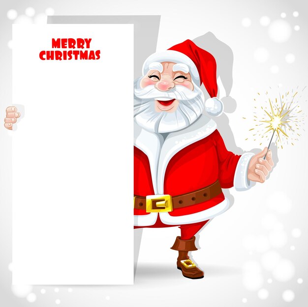 Vector cute santa claus holding banner and sparkler