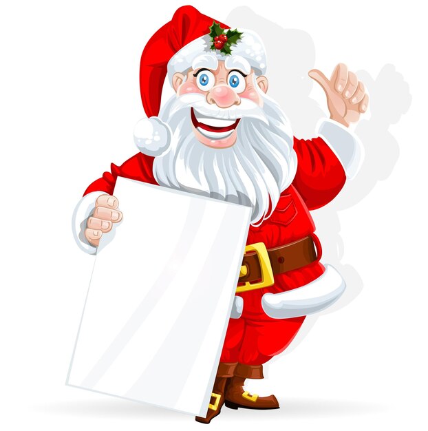 Vector cute santa claus holds banner for text isolated on white background