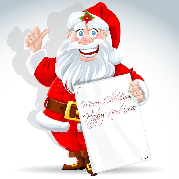 Cute Santa Claus holds banner for text isolated on white background