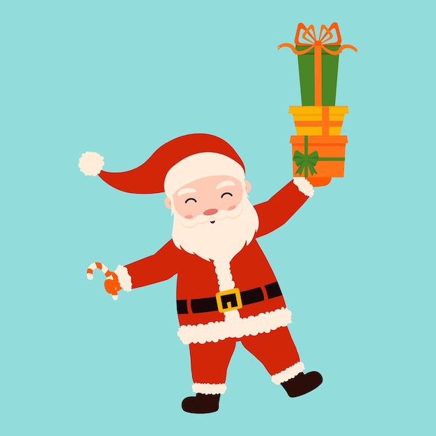 Cute Santa Claus holds gifts Vector illustration
