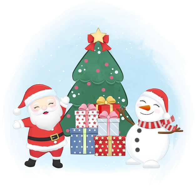 cute santa claus and snowman in christmas season illustration