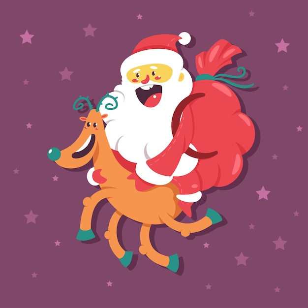 Cute Santa Claus with a bag flies on Christmas reindeer cartoon character.