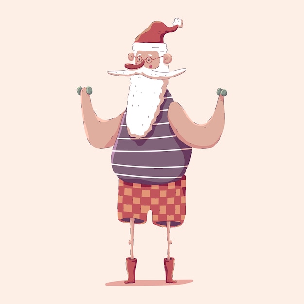 Cute santa claus with dumbbell doing fitness exercises  character isolated on background.