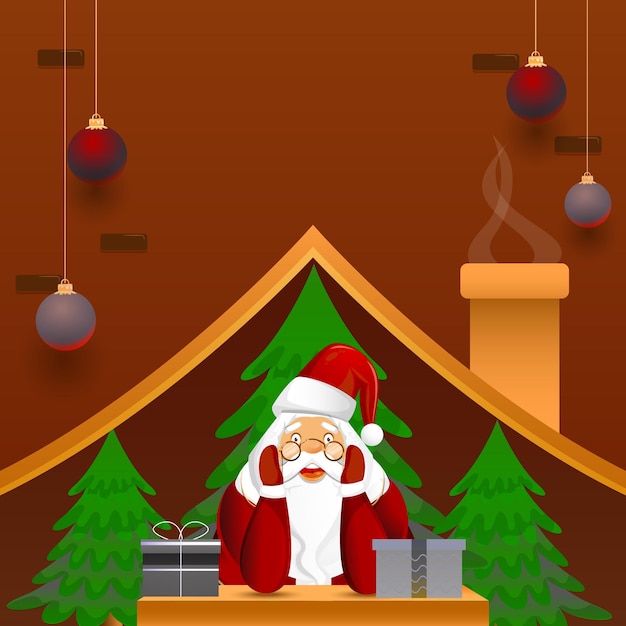 Vector cute santa claus with gift boxes xmas trees inside chimney house and hanging baubles decorated on brown background