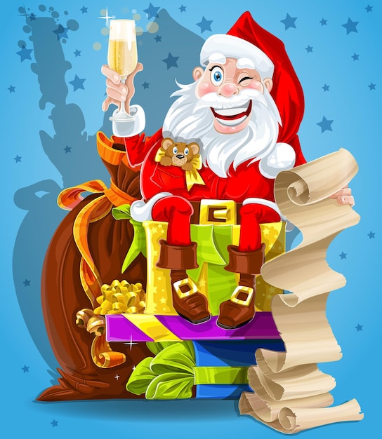 Cute Santa Claus with gifts and champagne New Year congratulations