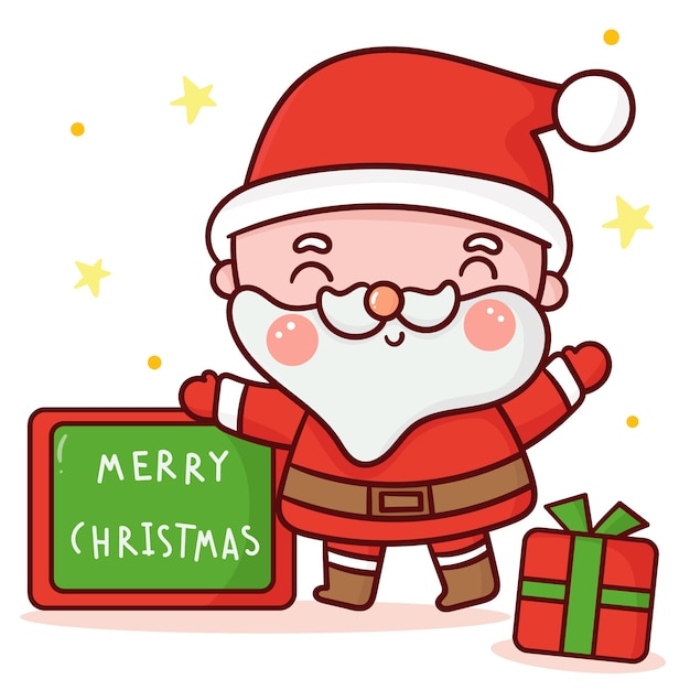 Cute santa claus with merry christmas board kawaii cartoon