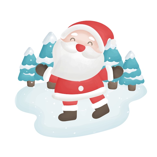 Cute Santa clause in the snow forest in water color style.