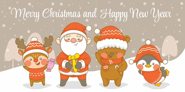 cute santa deer penguin and bear with christmas and new year greeting banner