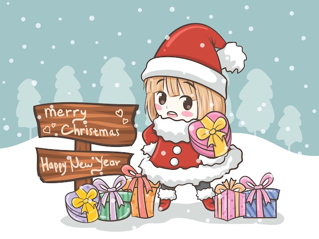 선물 상자를 들고 귀여운 산타 소녀