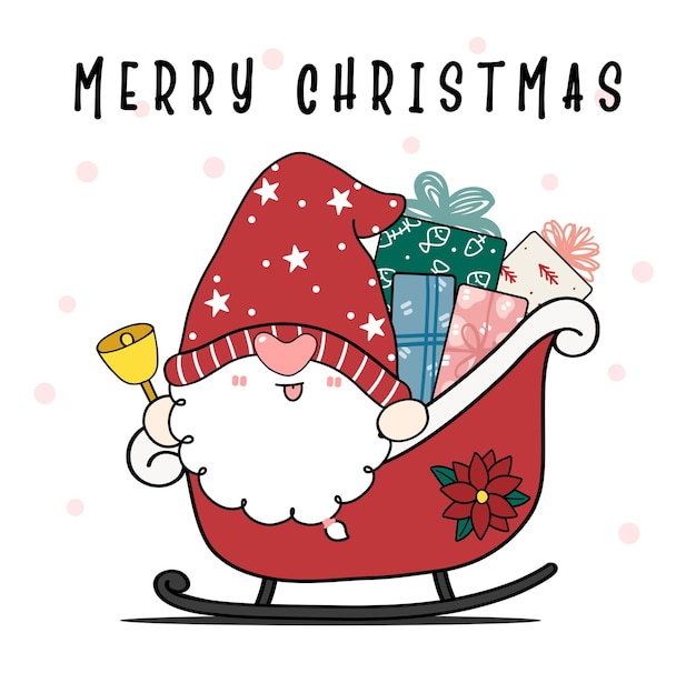 Cute Santa Gnome with plie of present gift boxes in red sled Merry Christmas Cartoon drawn doodle