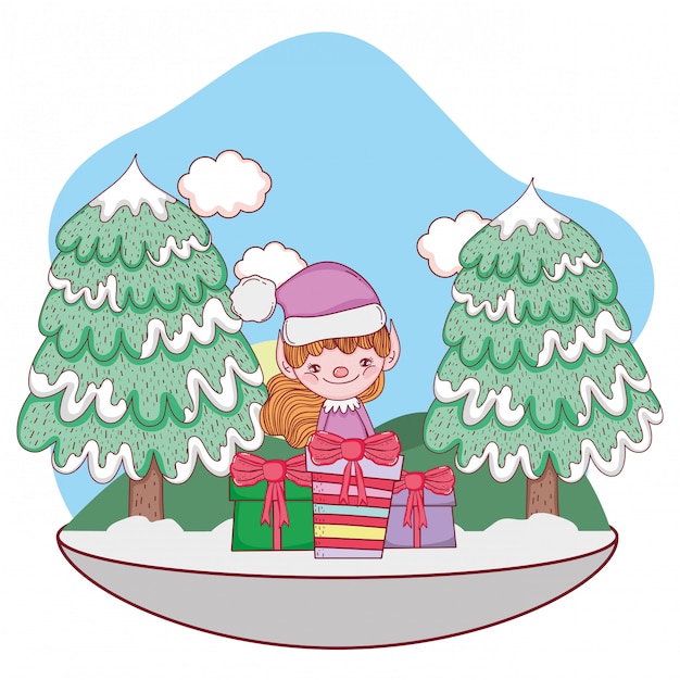 cute santa helper with gifts in the snowscape