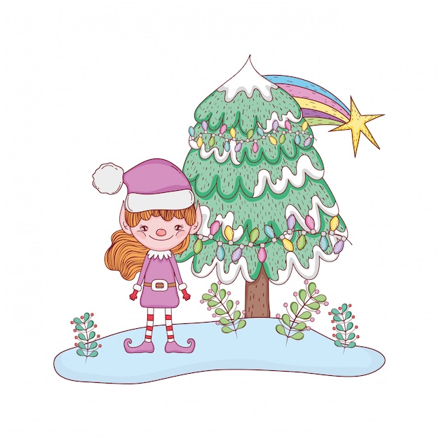 cute santa helper with pine tree