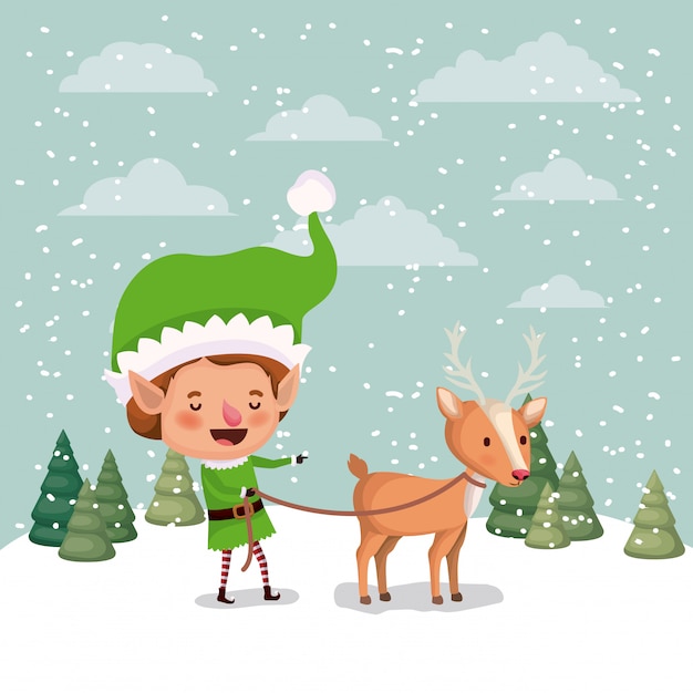 Cute santa helper with reindeer in snowscape