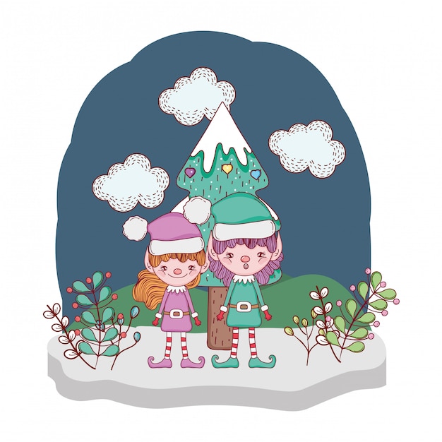 cute santa helpers couple in the snowscape