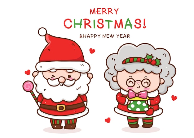 Vector cute santa and mrs claus and christmas candy kawaii cartoon