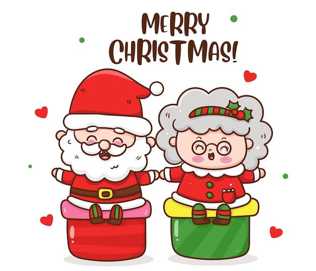 Vector cute santa and mrs claus sit on christmas gift