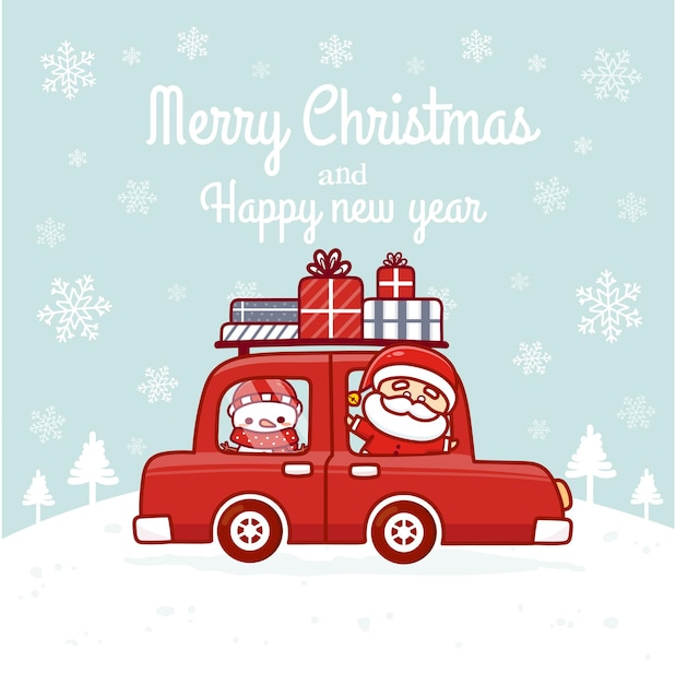 Cute santa riding a car with present gift. Merry Christmas and Happy new year greetings card template