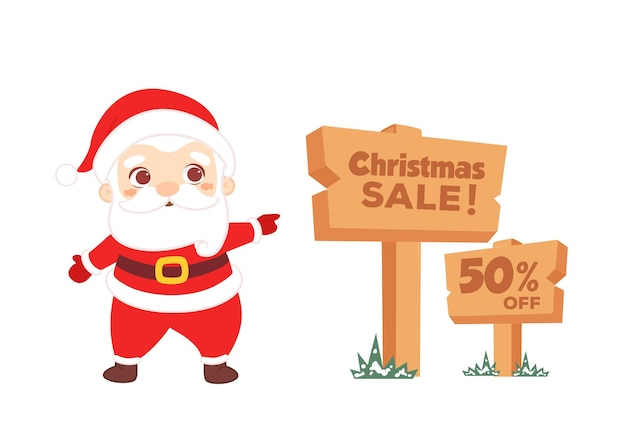 나무 보드 기호 크리스마스 할인 배너에 크리스마스 판매 텍스트를 보여주는 귀여운 산타