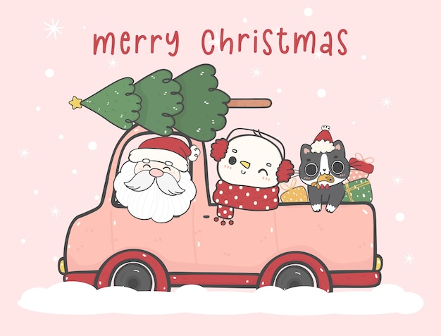 かわいいサンタと雪だるまと猫のクリスマス ピンクの車の屋根の上にクリスマスの松の木漫画落書き手描きの背景