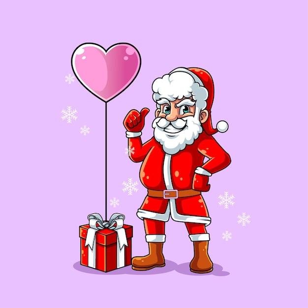 Cute santa stand with the christmas gift box and love balloon illustration