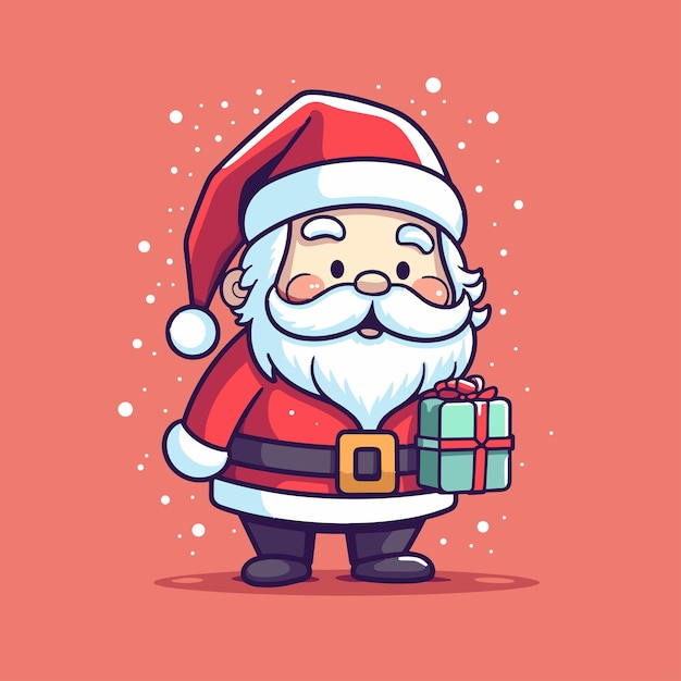 Cute Santa with Gift Cartoon Style Vector