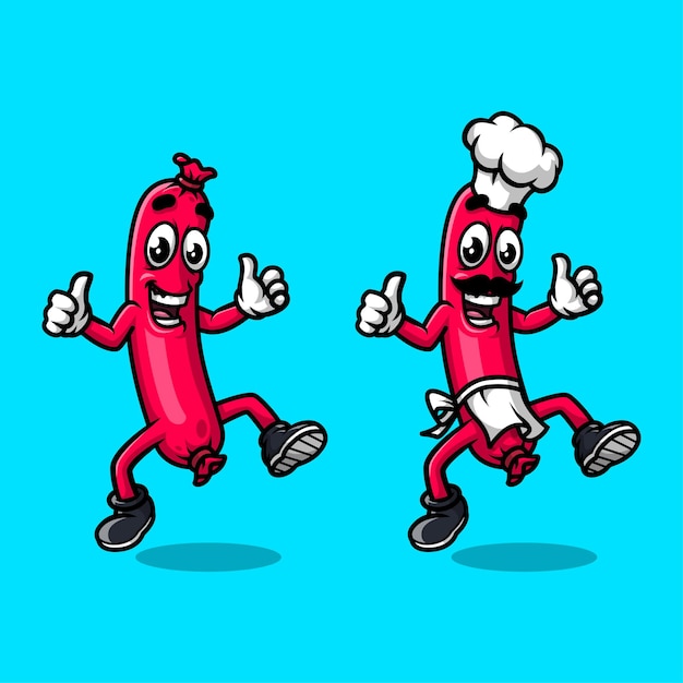 Cute sausage cartoon character cute mustache sausage in a white hat and white apron cartoon character illustration vector